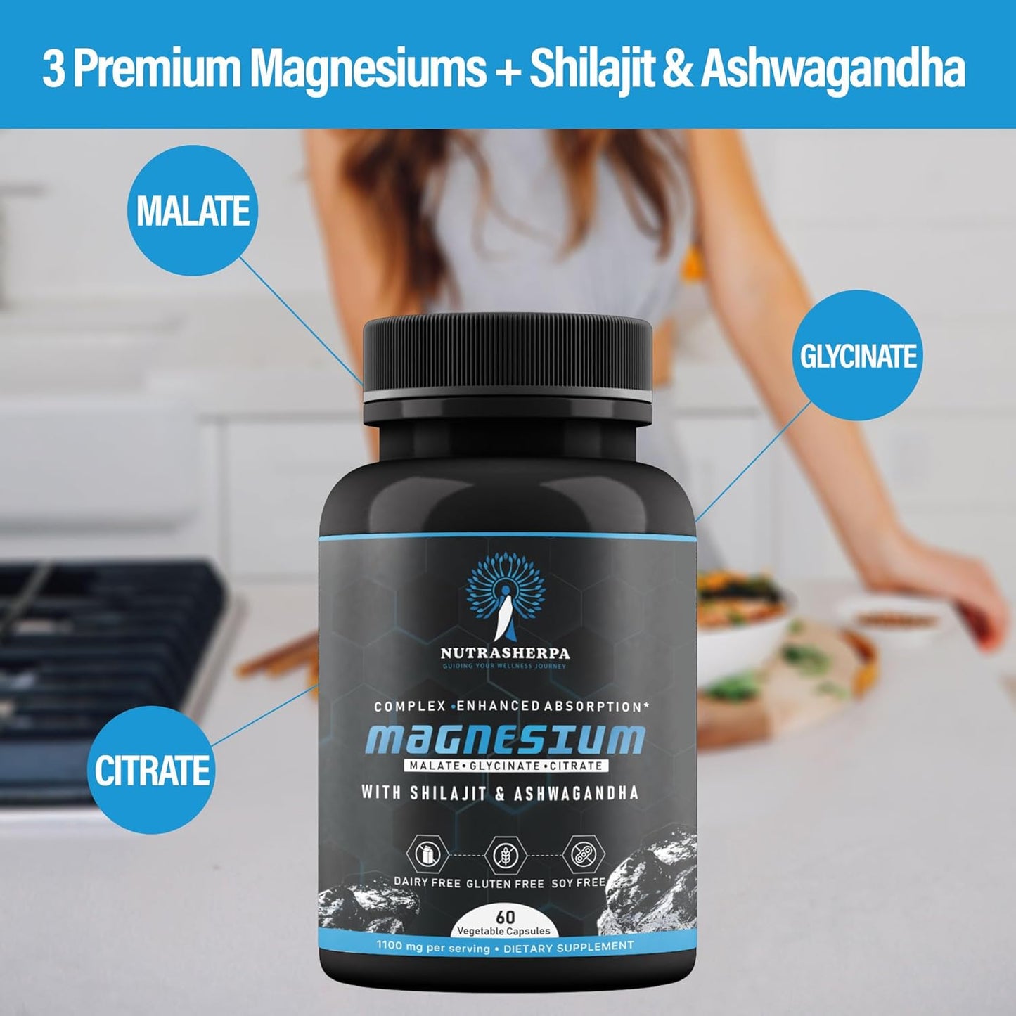 Triple Magnesium Blend with Shilajit and Ashwagandha for Enhanced Absorption - 300mg Magnesium Complex - Non-Buffered Formula
