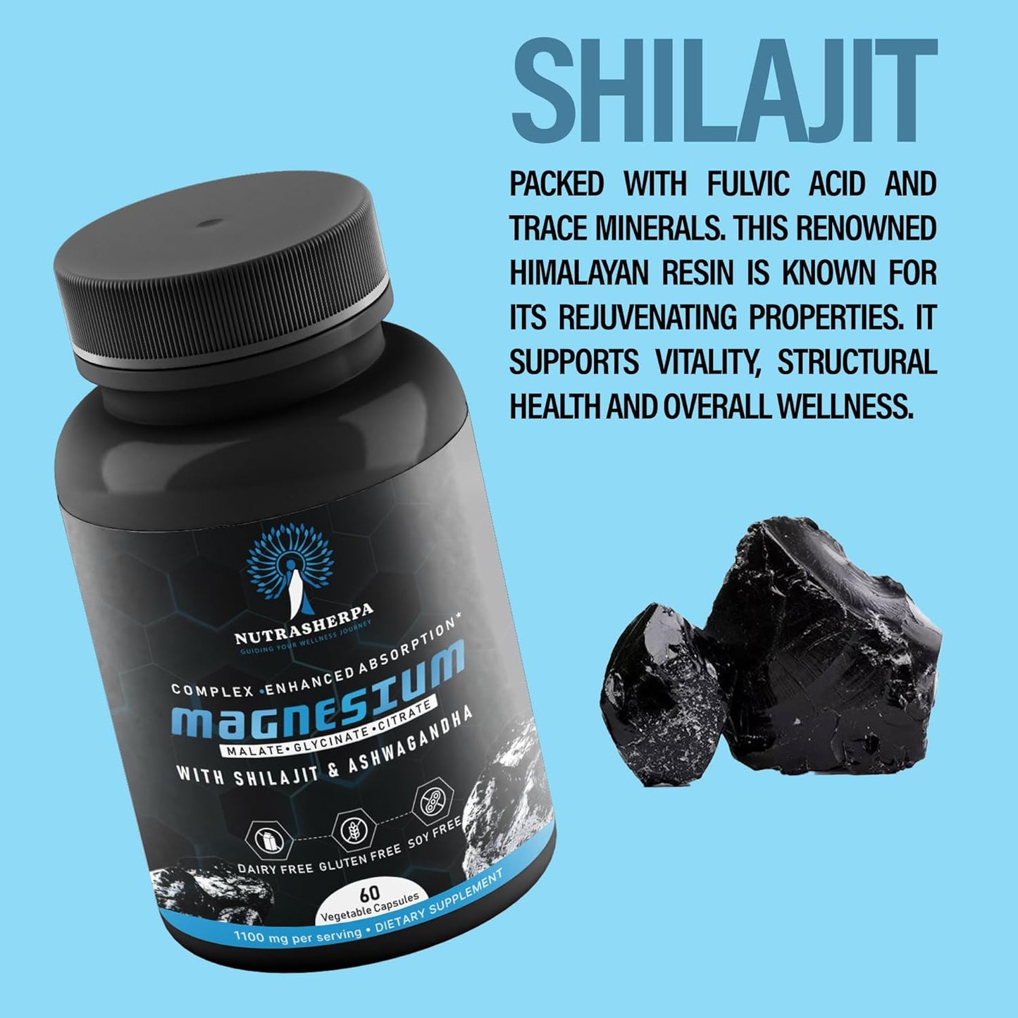Triple Magnesium Blend with Shilajit and Ashwagandha for Enhanced Absorption - 300mg Magnesium Complex - Non-Buffered Formula