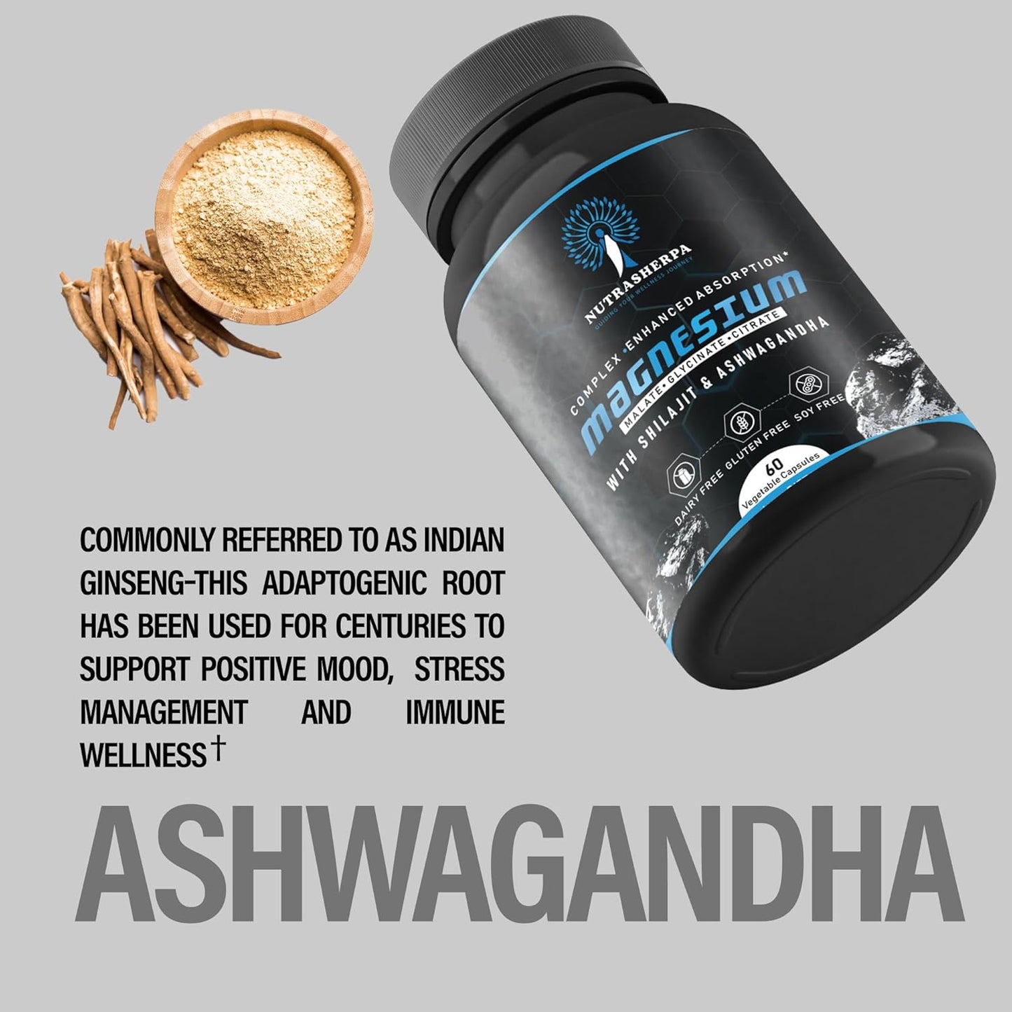 Triple Magnesium Blend with Shilajit and Ashwagandha for Enhanced Absorption - 300mg Magnesium Complex - Non-Buffered Formula