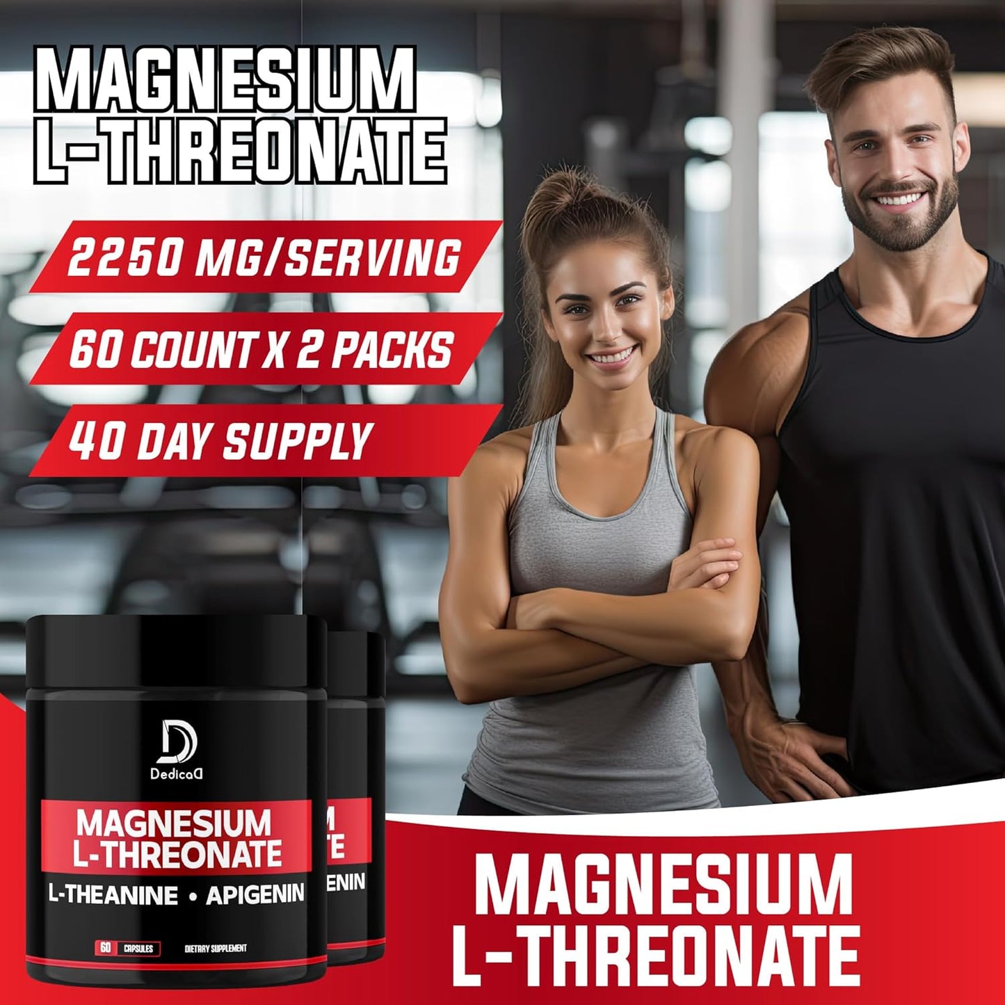 Triple Magnesium Complex Supplement - 2 Packs of 60 Capsules (2250mg) with Magnesium L-Threonate, L-Theanine, and Apigenin