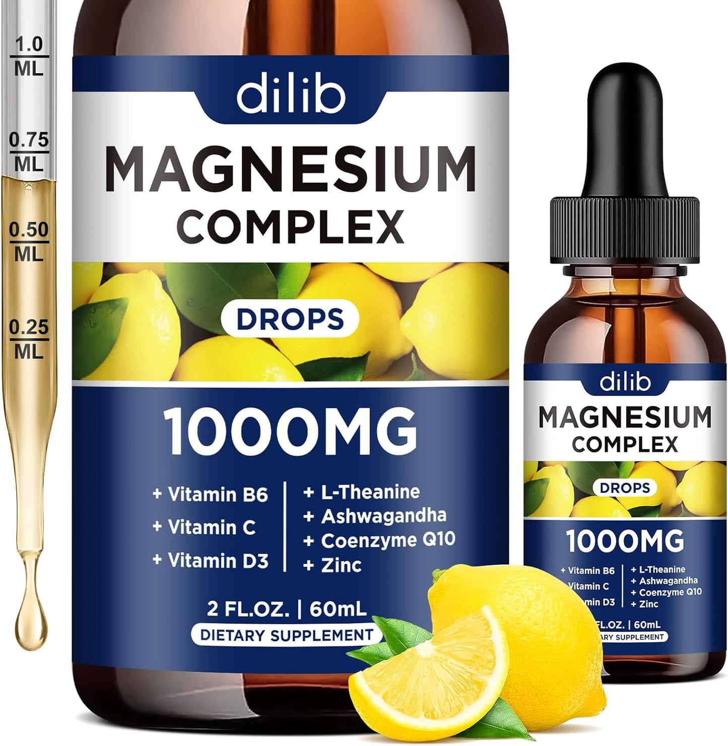 Triple Magnesium Complex Supplement with Ashwagandha, CoQ10, Vitamin B, C, D, Zinc - Vegan Lemon Flavor Liquid Drops - 1000mg Magnesium Glycinate, Threonate, Citrate