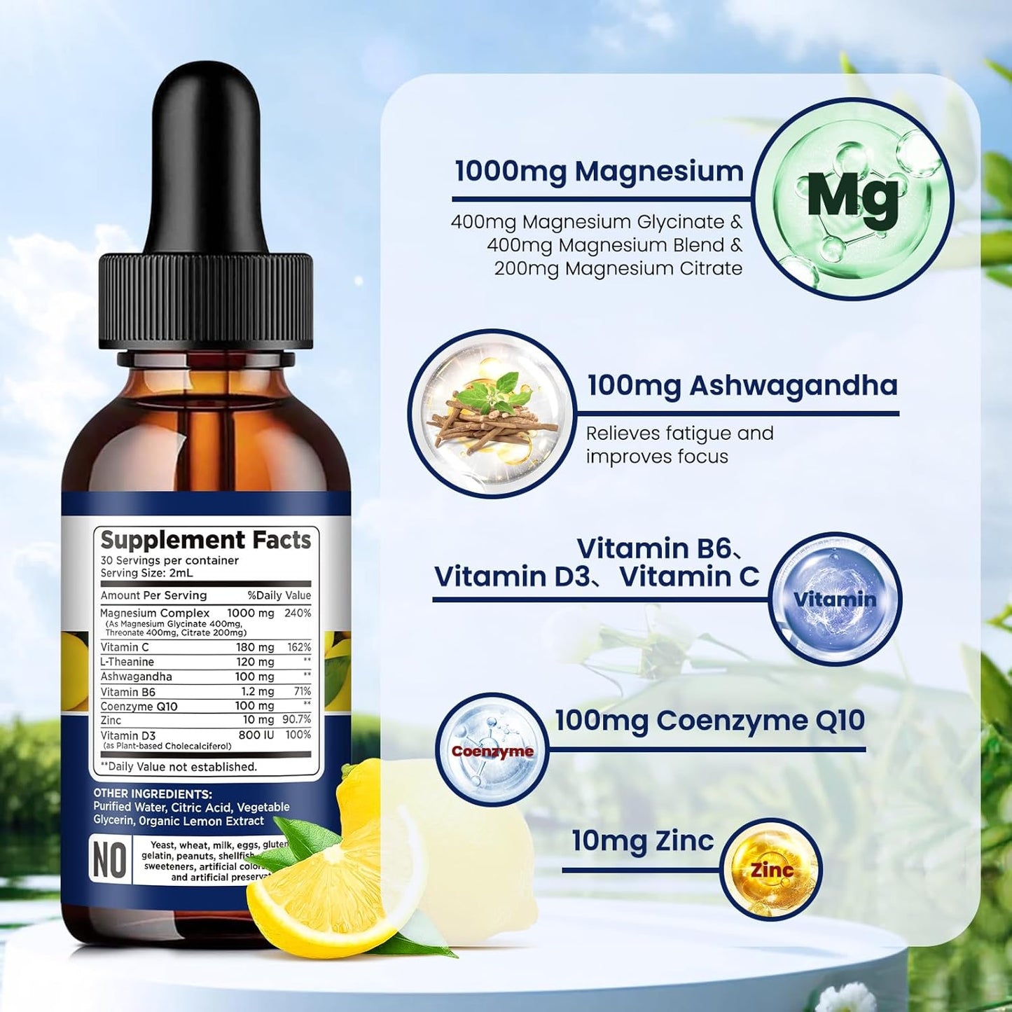 Triple Magnesium Complex Supplement with Ashwagandha, CoQ10, Vitamin B, C, D, Zinc - Vegan Lemon Flavor Liquid Drops - 1000mg Magnesium Glycinate, Threonate, Citrate