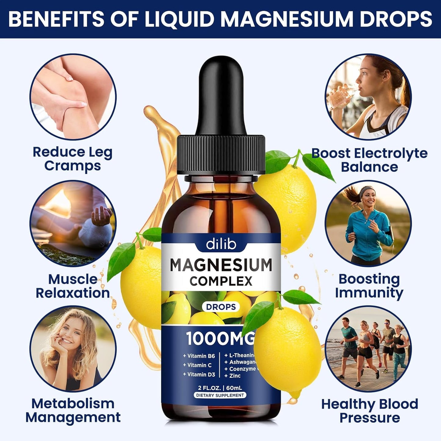 Triple Magnesium Complex Supplement with Ashwagandha, CoQ10, Vitamin B, C, D, Zinc - Vegan Lemon Flavor Liquid Drops - 1000mg Magnesium Glycinate, Threonate, Citrate