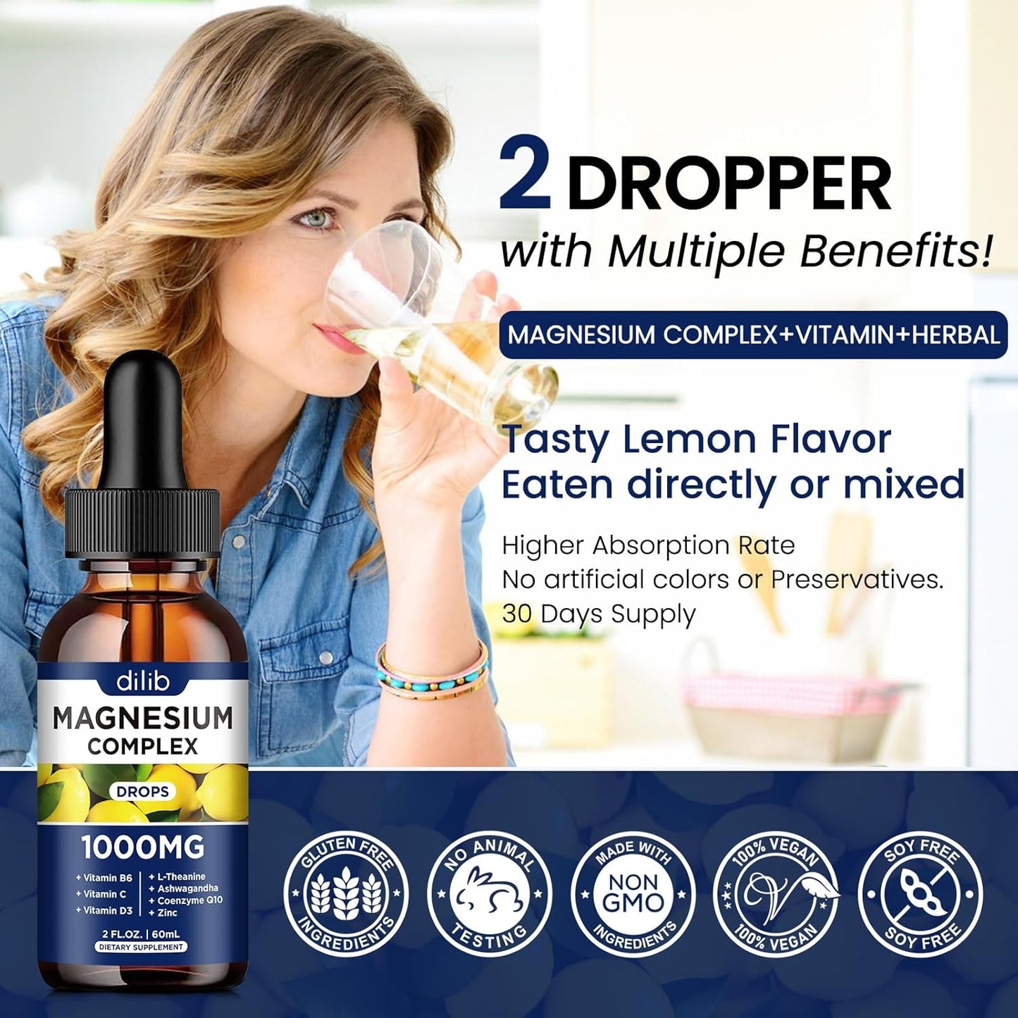 Triple Magnesium Complex Supplement with Ashwagandha, CoQ10, Vitamin B, C, D, Zinc - Vegan Lemon Flavor Liquid Drops - 1000mg Magnesium Glycinate, Threonate, Citrate