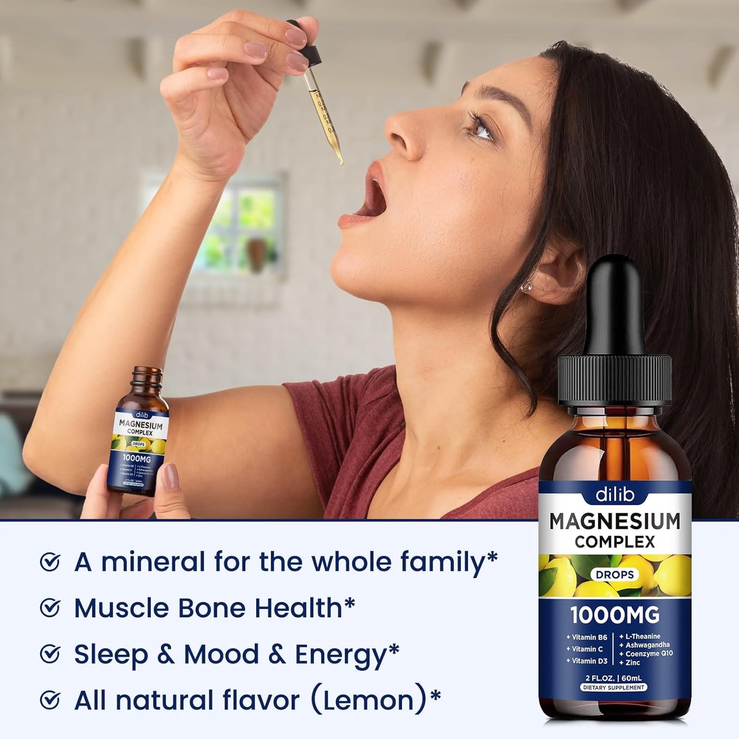 Triple Magnesium Complex Supplement with Ashwagandha, CoQ10, Vitamin B, C, D, Zinc - Vegan Lemon Flavor Liquid Drops - 1000mg Magnesium Glycinate, Threonate, Citrate