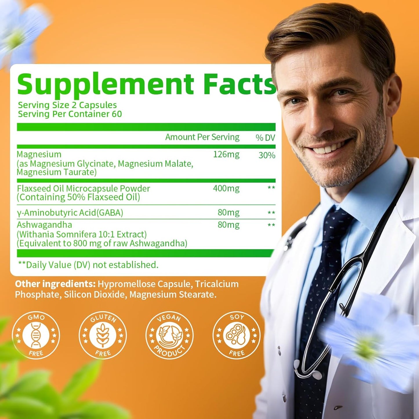 Triple Magnesium Complex Supplement with Omega3, GABA, Ashwagandha for Sleep & Heart Support - 120 Capsules, Vegan & Non-GMO