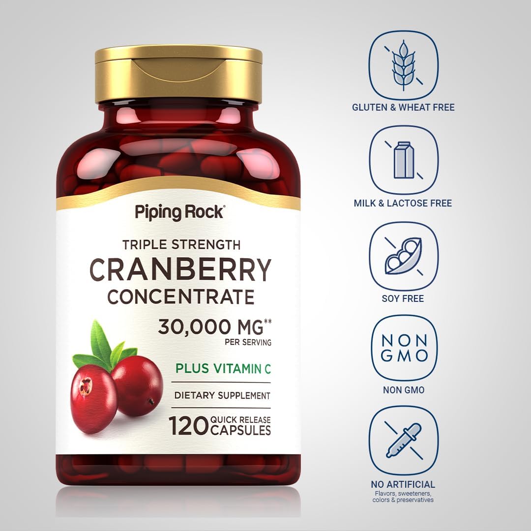 Triple Strength Cranberry Pills | 30,000 mg | 120 Capsules | Women & Men Supplement with Vitamin C | Non-GMO, Gluten Free
