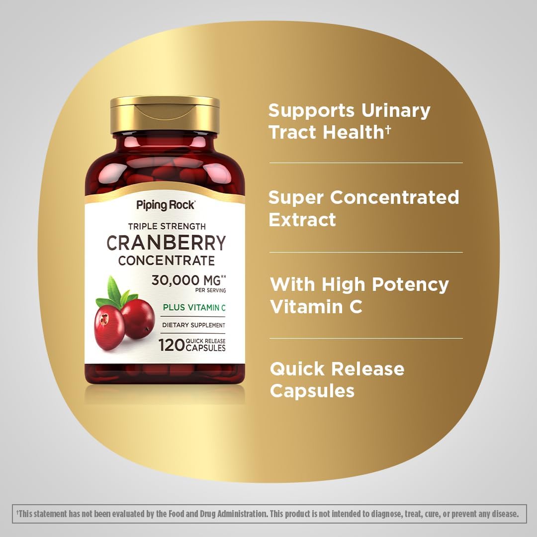 Triple Strength Cranberry Pills | 30,000 mg | 120 Capsules | Women & Men Supplement with Vitamin C | Non-GMO, Gluten Free