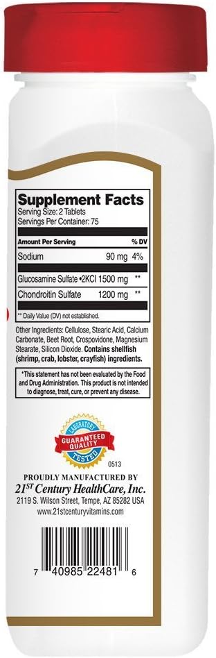 Triple Strength Glucosamine Chondroitin Tablets - 150 Count, 21st Century Formula, 750/600mg