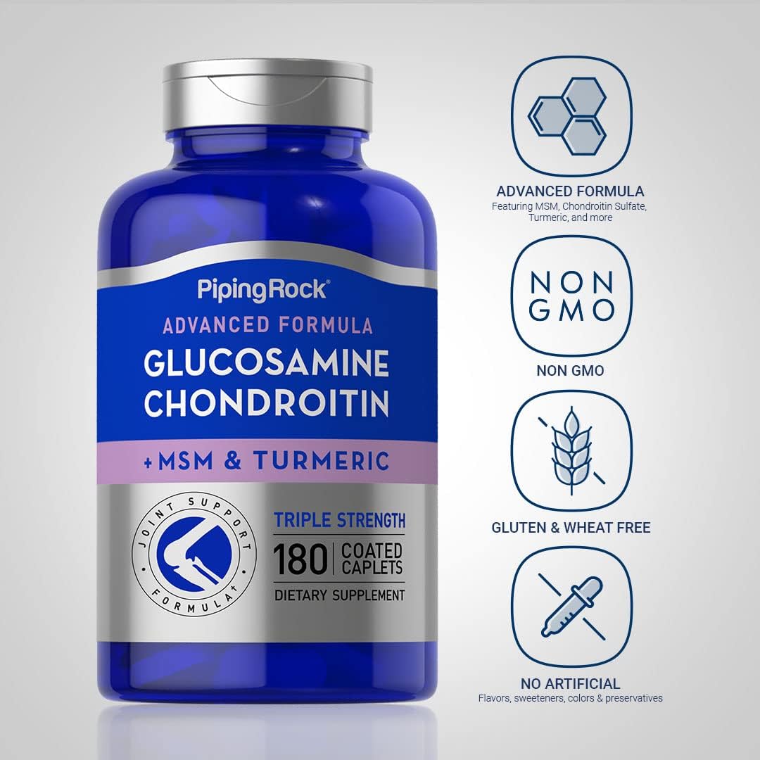 Triple Strength Glucosamine Chondroitin Turmeric MSM Caplets | 180 Count | Advanced Joint Support Supplement | Non-GMO, Gluten Free Formula
