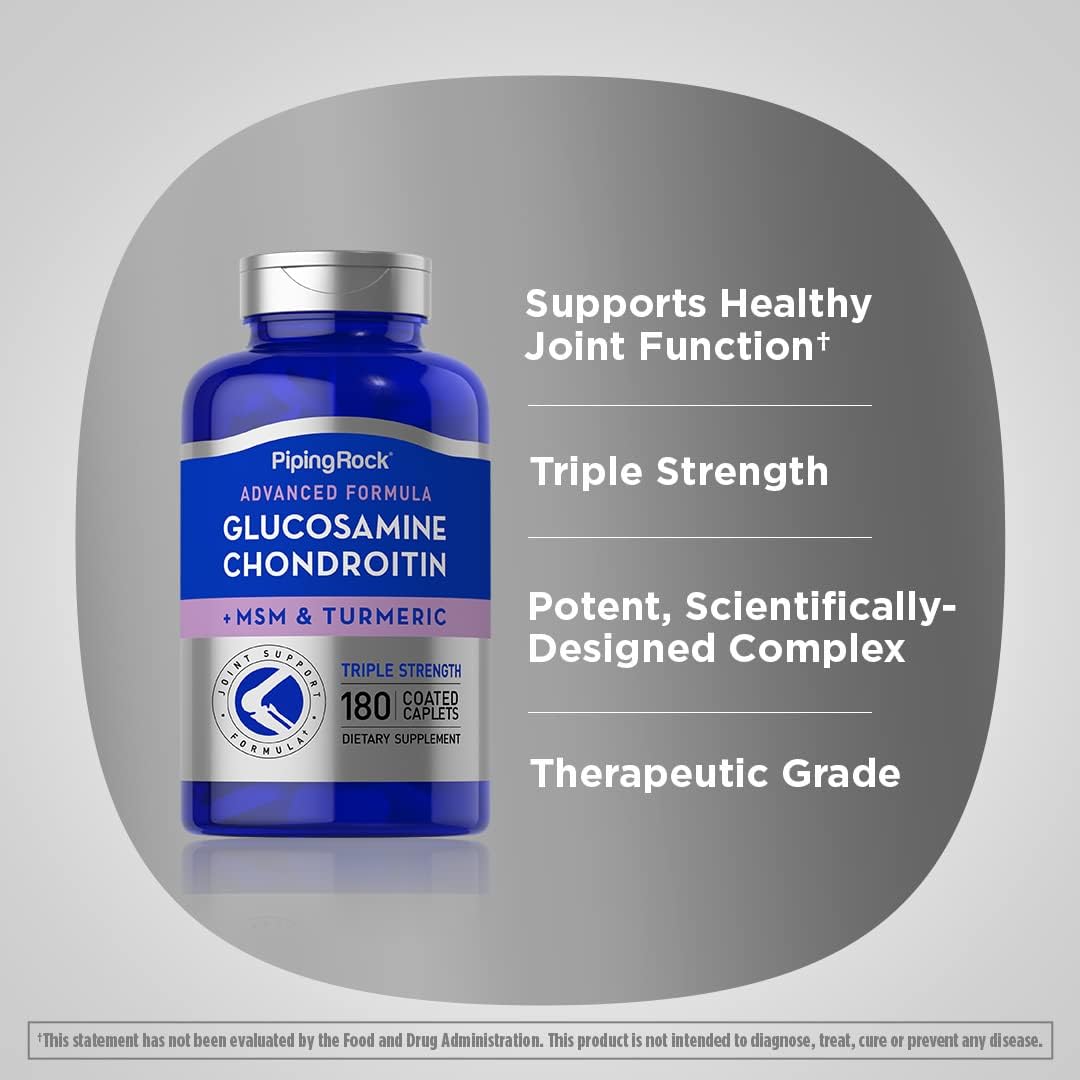 Triple Strength Glucosamine Chondroitin Turmeric MSM Caplets | 180 Count | Advanced Joint Support Supplement | Non-GMO, Gluten Free Formula