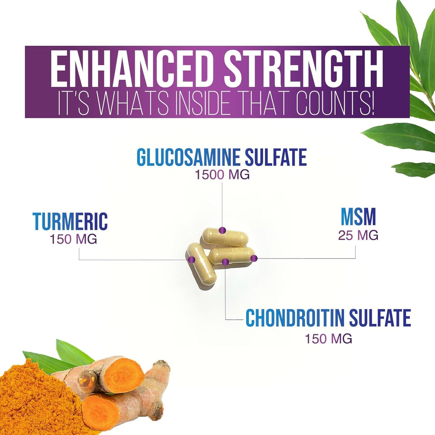 Triple Strength Joint Support Supplement with Glucosamine, Chondroitin, MSM, Turmeric, Boswellia, Quercetin - 60 Capsules for Joints, Bones, Knees & Mobility