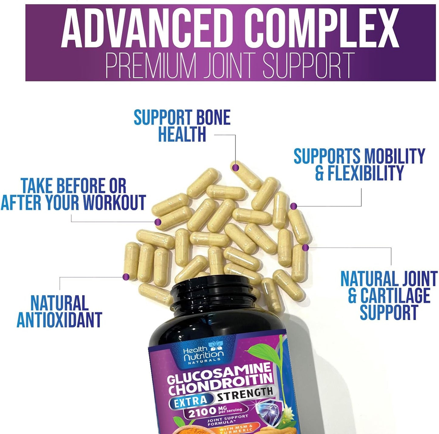 Triple Strength Joint Support Supplement with Glucosamine, Chondroitin, MSM, Turmeric, Boswellia, Quercetin - 60 Capsules for Joints, Bones, Knees & Mobility