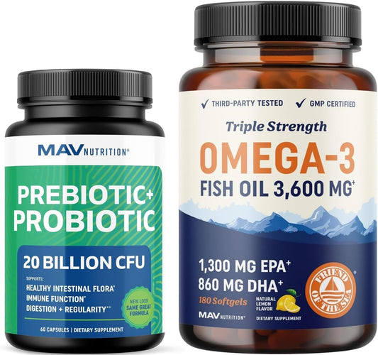 Triple Strength Omega 3 Fish Oil and Probiotic Capsules for Gut Health & Immune Support - 60 Servings
