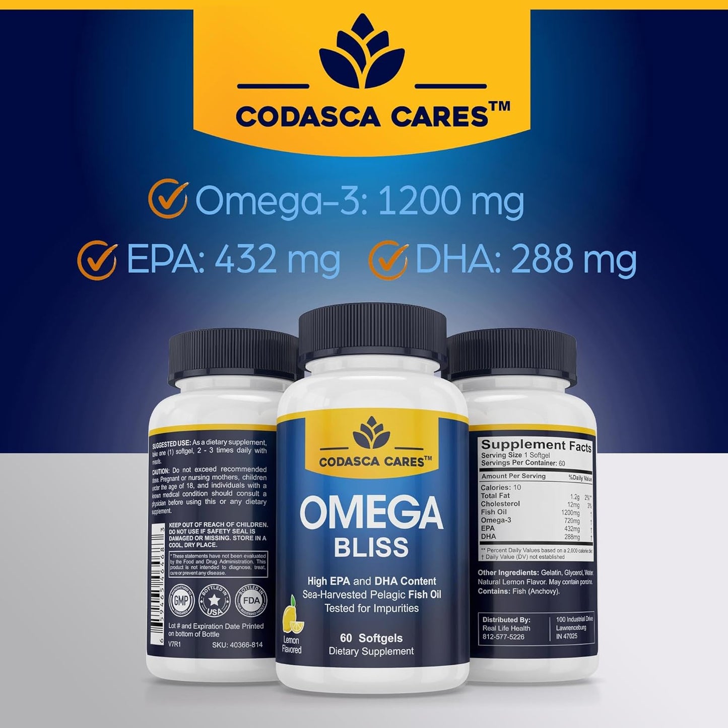 Triple Strength Omega 3 Fish Oil Supplement for Heart, Brain, and Eye Health Support - 60 Burpless Lemon Softgels