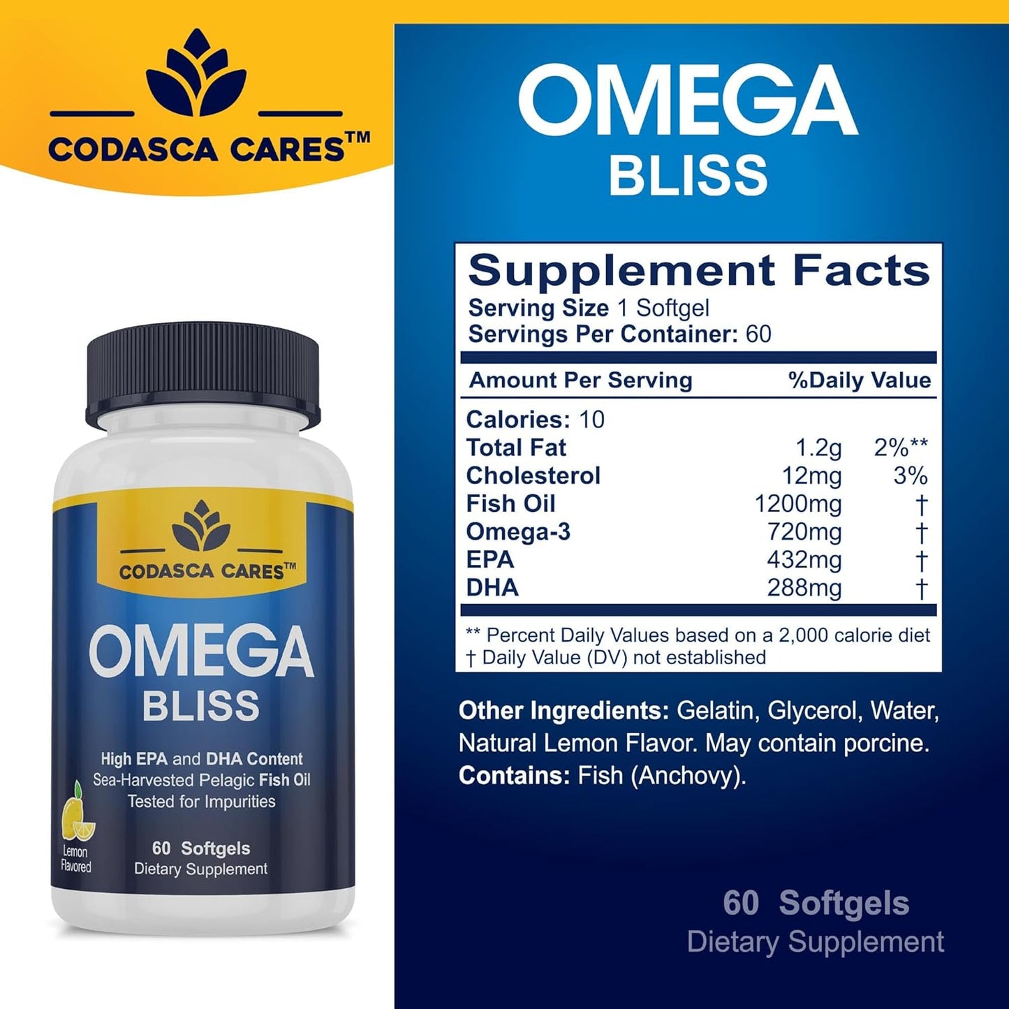 Triple Strength Omega 3 Fish Oil Supplement for Heart, Brain, and Eye Health Support - 60 Burpless Lemon Softgels