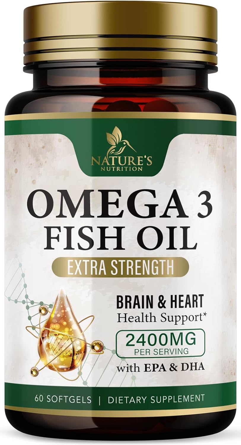 Triple Strength Omega-3 Fish Oil Supplement for Immune, Heart, and Brain Health - 2400 mg, EPA & DHA Fatty Acids - Wild Caught, Non-GMO - 60 Softgels, Lemon Flavor