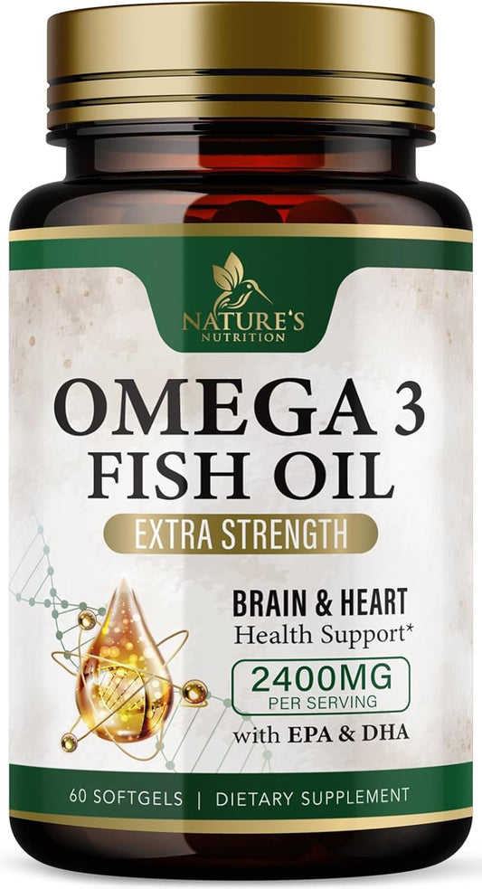 Triple Strength Omega-3 Fish Oil Supplement for Immune, Heart, and Brain Health - 2400 mg, EPA & DHA Fatty Acids - Wild Caught, Non-GMO - 60 Softgels, Lemon Flavor