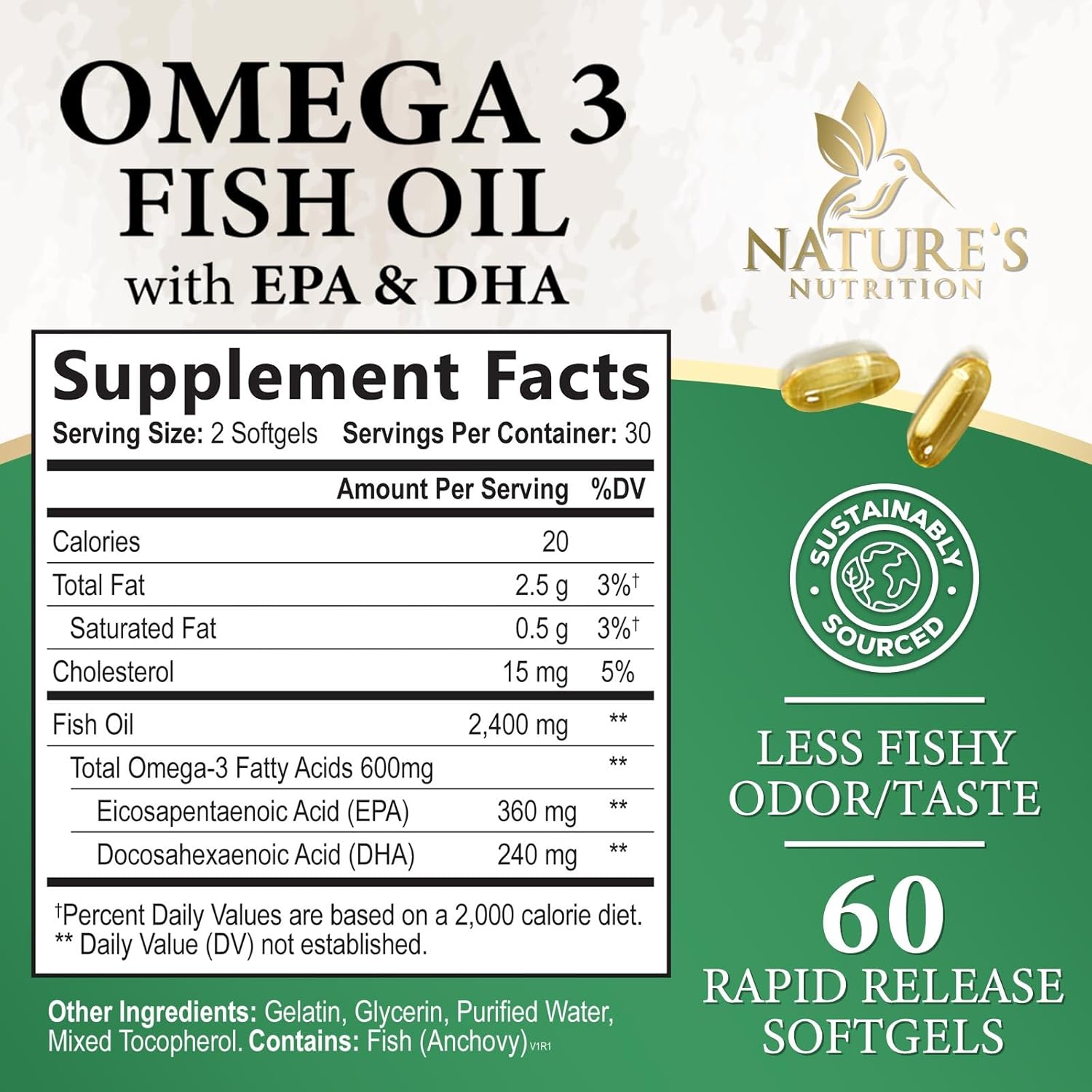 Triple Strength Omega-3 Fish Oil Supplement for Immune, Heart, and Brain Health - 2400 mg, EPA & DHA Fatty Acids - Wild Caught, Non-GMO - 60 Softgels, Lemon Flavor