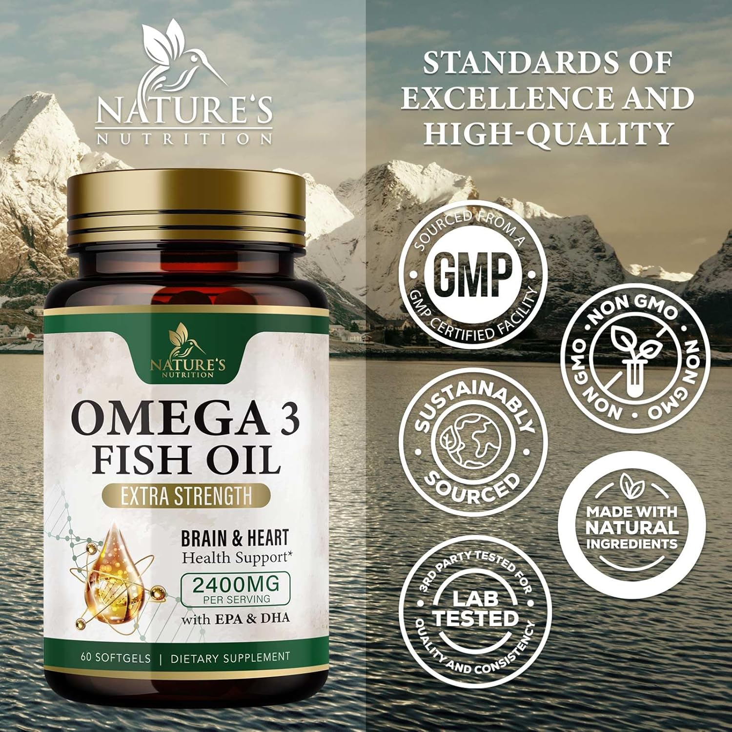Triple Strength Omega-3 Fish Oil Supplement for Immune, Heart, and Brain Health - 2400 mg, EPA & DHA Fatty Acids - Wild Caught, Non-GMO - 60 Softgels, Lemon Flavor