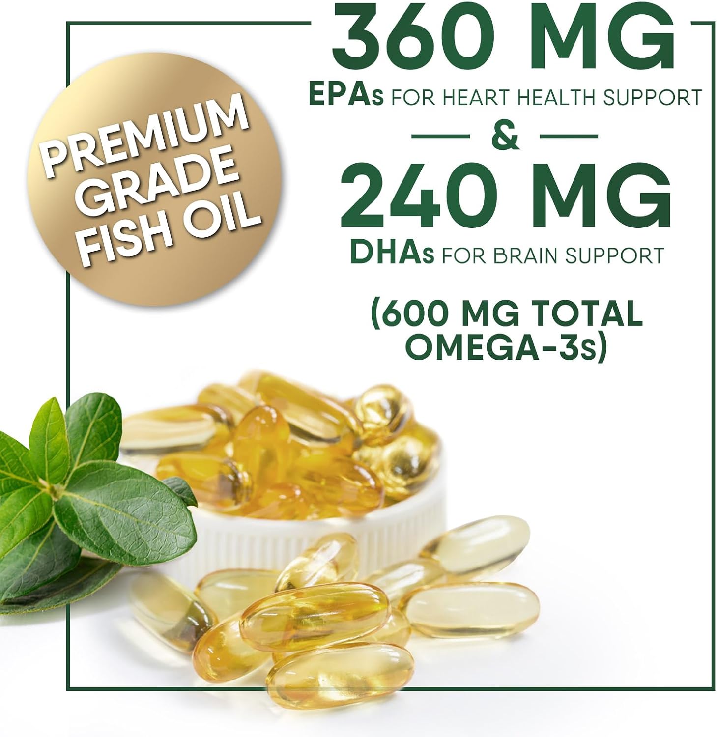 Triple Strength Omega-3 Fish Oil Supplement for Immune, Heart, and Brain Health - 2400 mg, EPA & DHA Fatty Acids - Wild Caught, Non-GMO - 60 Softgels, Lemon Flavor