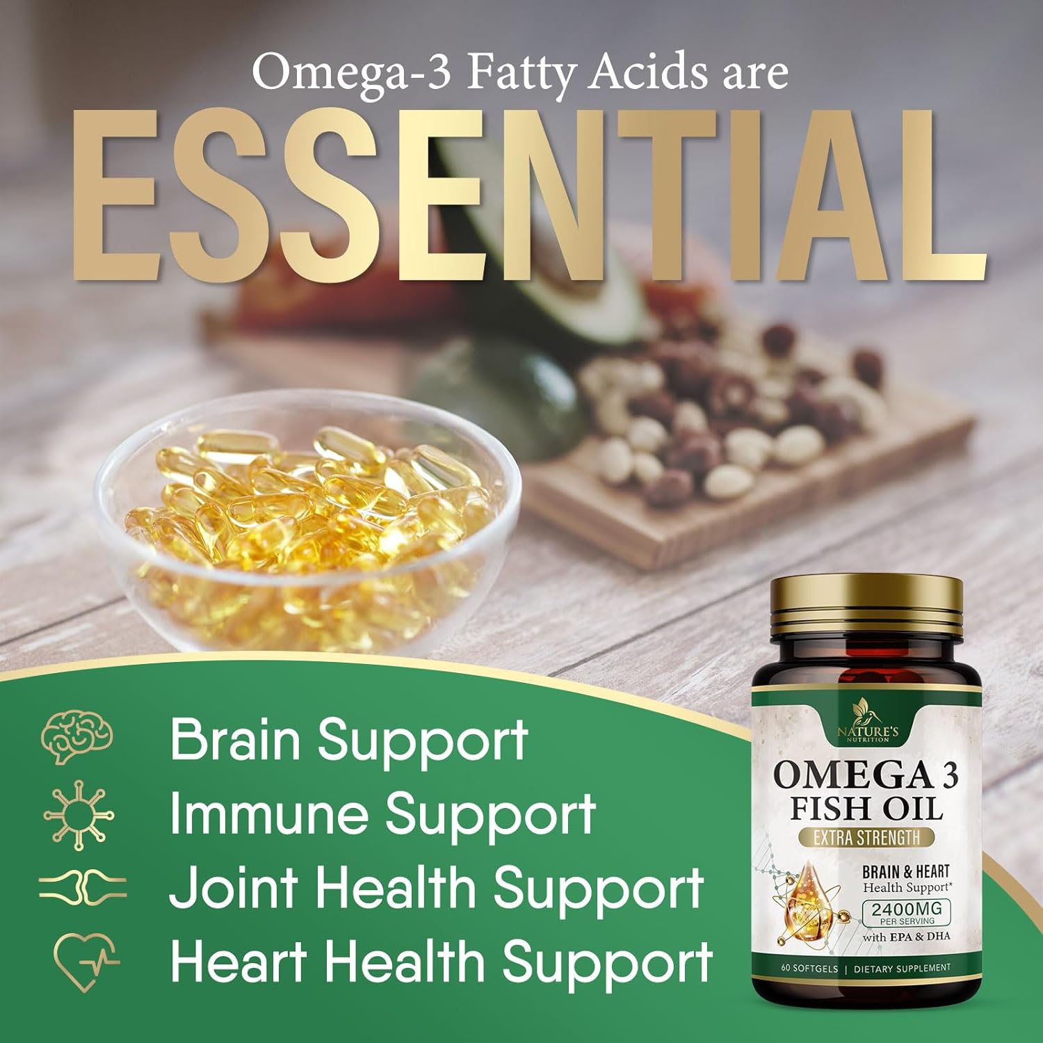 Triple Strength Omega-3 Fish Oil Supplement for Immune, Heart, and Brain Health - 2400 mg, EPA & DHA Fatty Acids - Wild Caught, Non-GMO - 60 Softgels, Lemon Flavor