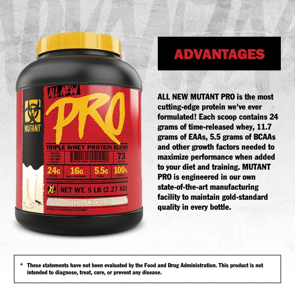 Triple Whey Protein Powder Supplement - Mutant Pro - Time-Released for Maximum Amino Acid Absorption - Gourmet Vanilla Milkshake Flavor - 5 lbs