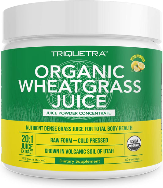 Triquetra Health Organic Wheatgrass Juice Powder - Super Concentrated Lemon Flavor - 6.2 oz, 60 Servings - Raw & BioActive - Grown in Utah Volcanic Soil, Cold-Pressed & CO2 Dried