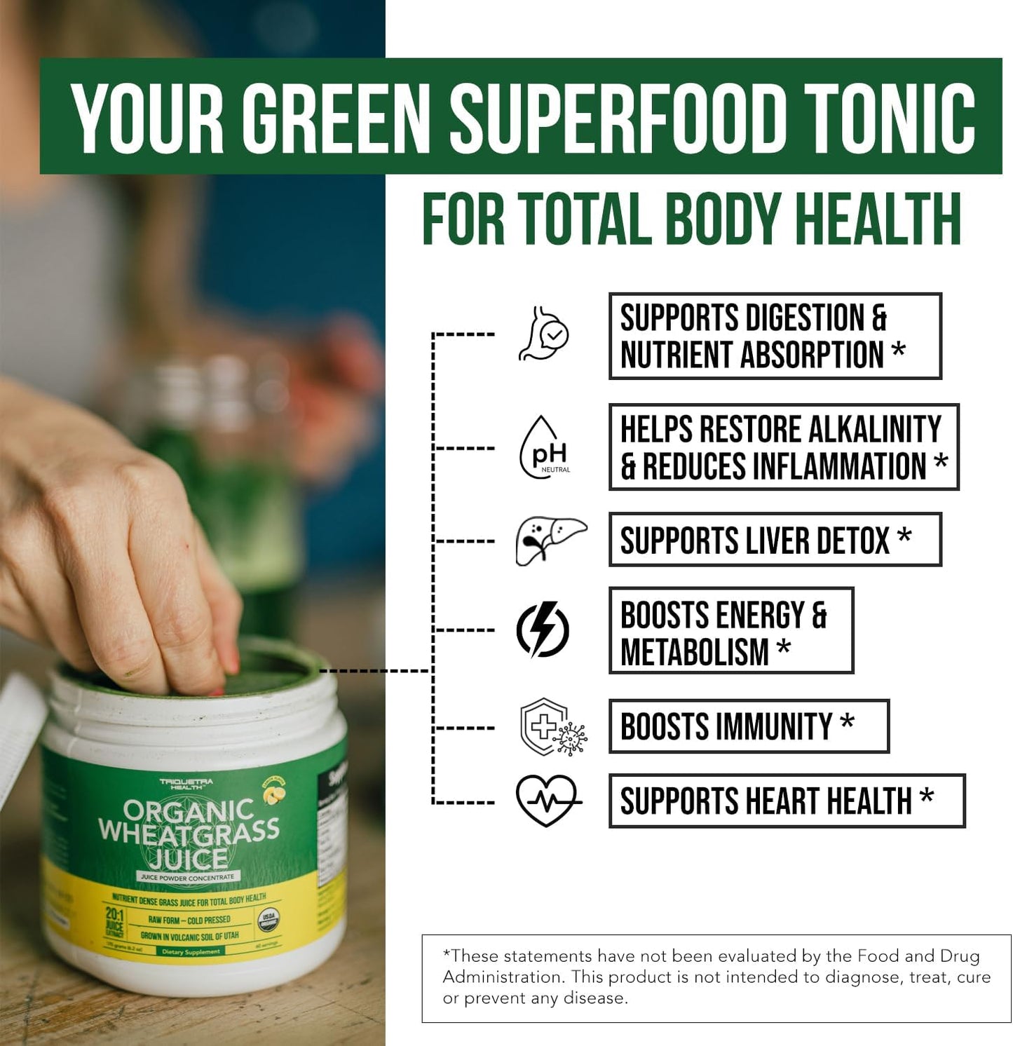 Triquetra Health Organic Wheatgrass Juice Powder - Super Concentrated Lemon Flavor - 6.2 oz, 60 Servings - Raw & BioActive - Grown in Utah Volcanic Soil, Cold-Pressed & CO2 Dried