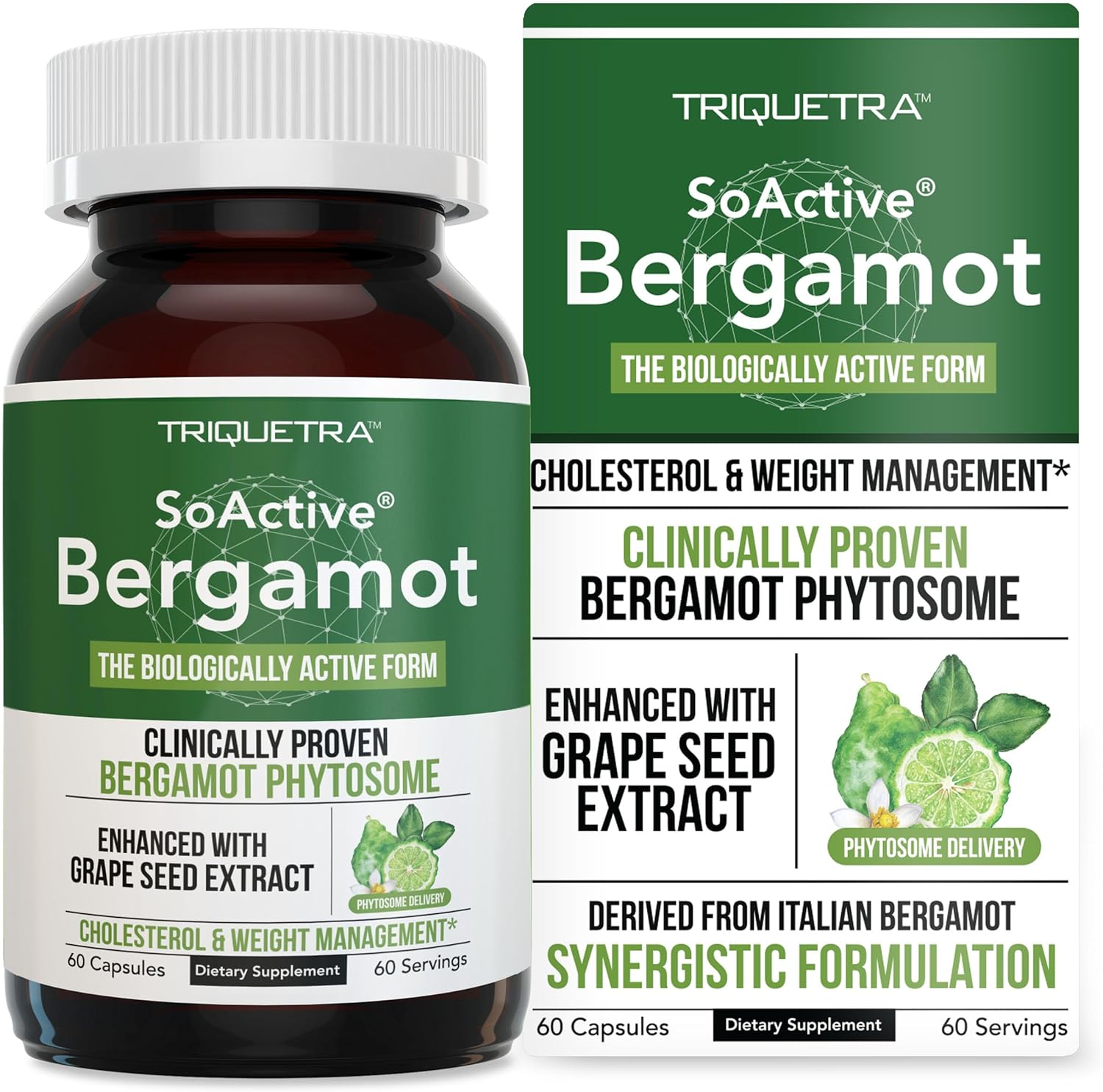 Triquetra Health SoActive Bergamot Capsules: Italian Citrus Bergamot Phytosome with Grape Seed Extract - Supports Cholesterol & Weight Management - 60 Capsules