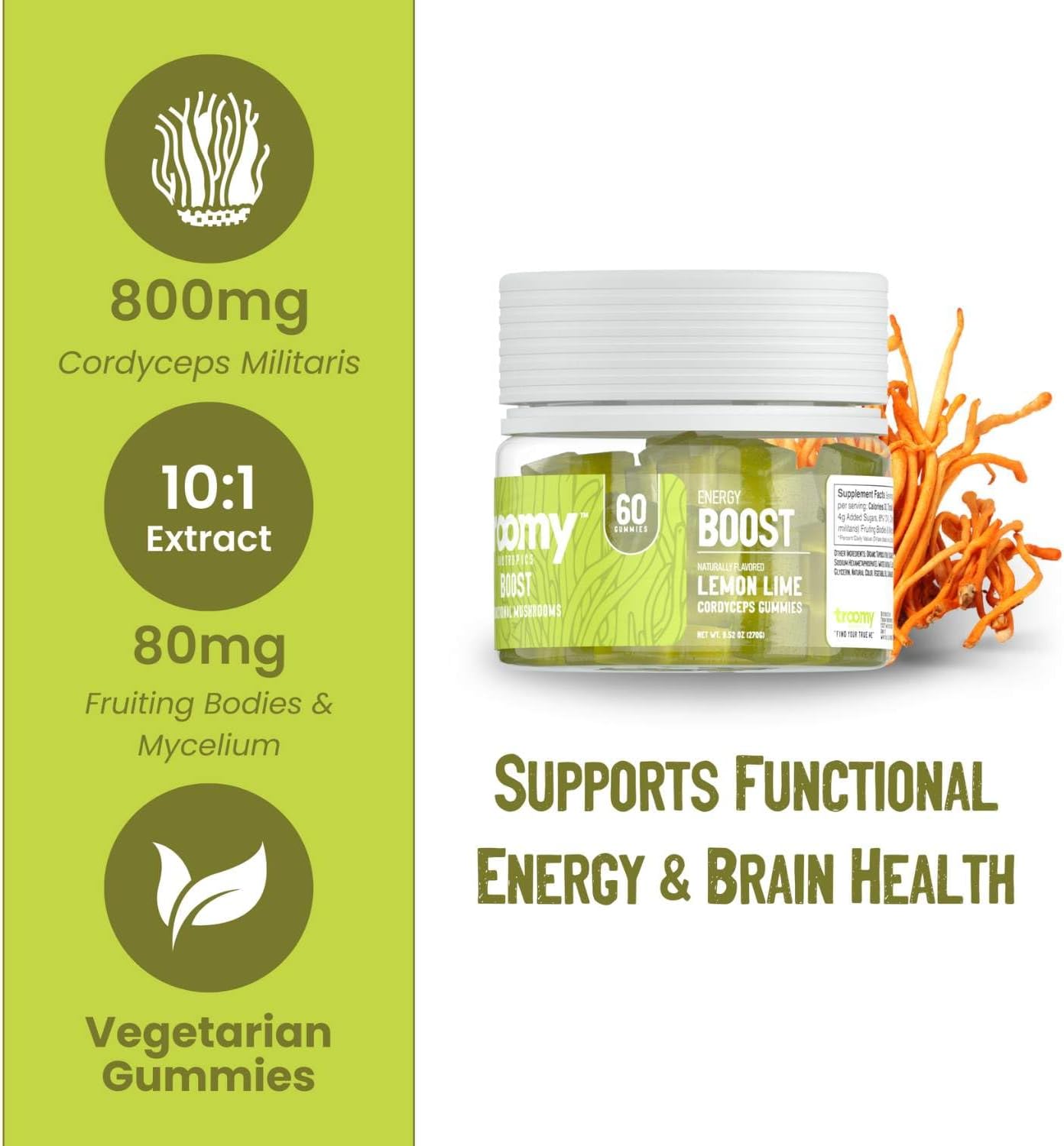 Troomy Boost Cordyceps All Natural Mushroom Gummies - 60 Count - Promotes Hyper Focus & Healthy Lifestyle - Lemon Lime Flavor