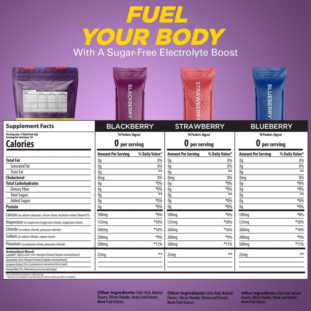 Tropical & Berry Assorted Keto Electrolyte Powder Bundle - Sugar-Free & Zero Calorie Drink Mix Packets - 60 Servings