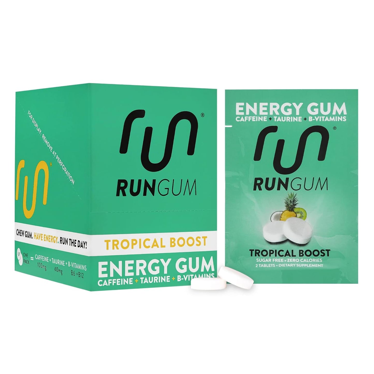 Tropical Boost Energy Chewing Gum - 50mg Caffeine, Taurine, B-Vitamins - 24 Pieces x 12 Pack - Sugar Free, Zero Calorie, Gluten Free - BoostGo Australia