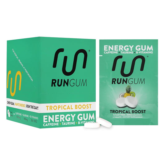 Tropical Boost Energy Chewing Gum - 50mg Caffeine, Taurine, B-Vitamins - 24 Pieces x 12 Pack - Sugar Free, Zero Calorie, Gluten Free - BoostGo Australia