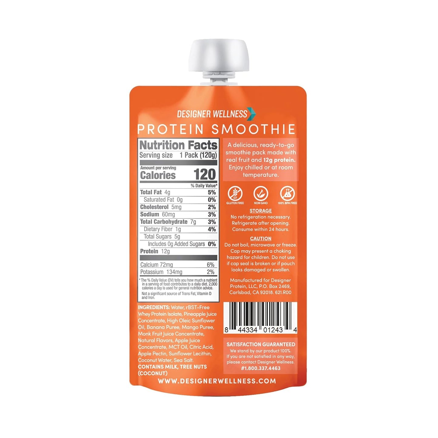 Tropical Designer Protein Smoothie, 12g Protein, Low Carb, Gluten-Free, Non-GMO, No Added Sugar, Real Fruit, 12 Pack