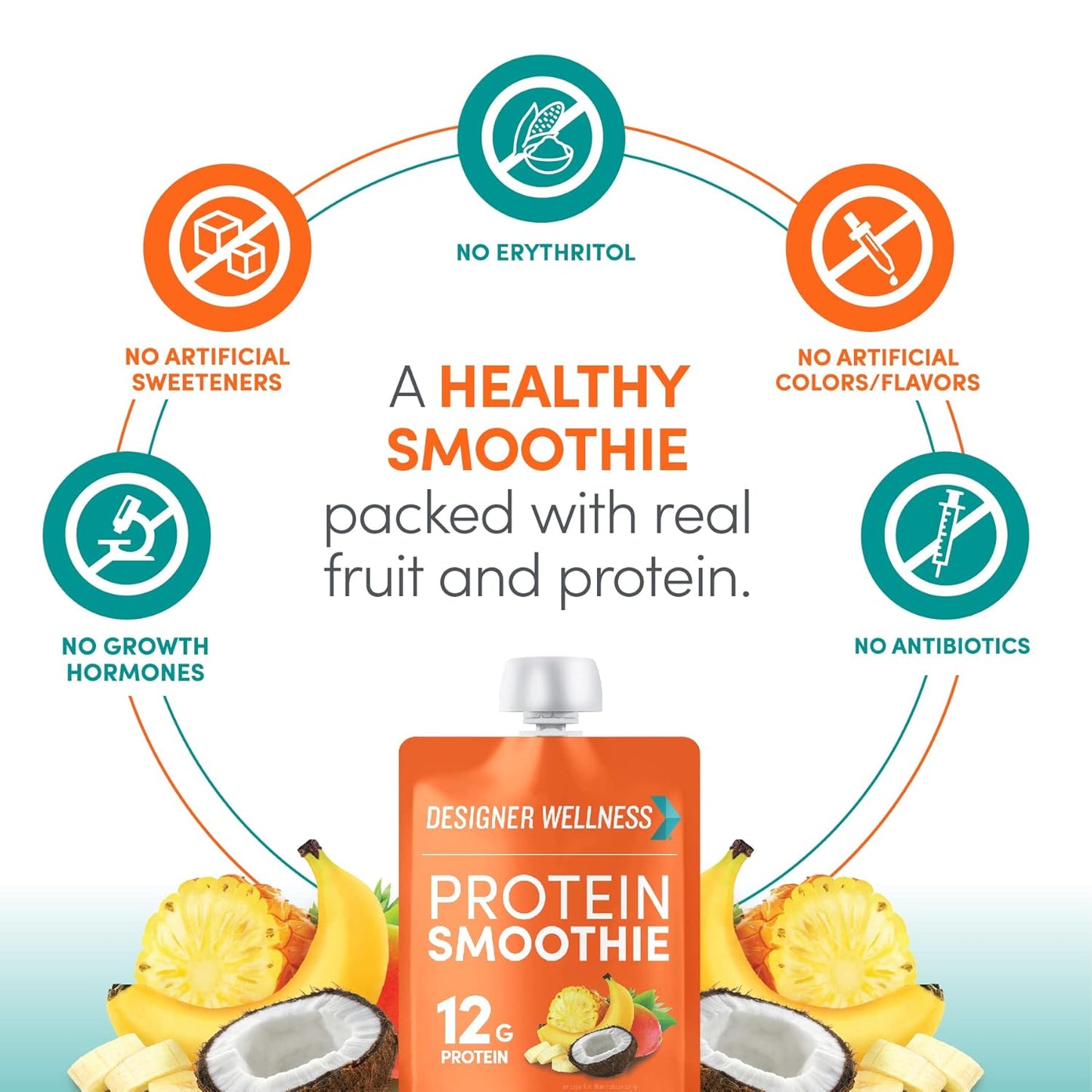 Tropical Designer Protein Smoothie, 12g Protein, Low Carb, Gluten-Free, Non-GMO, No Added Sugar, Real Fruit, 12 Pack