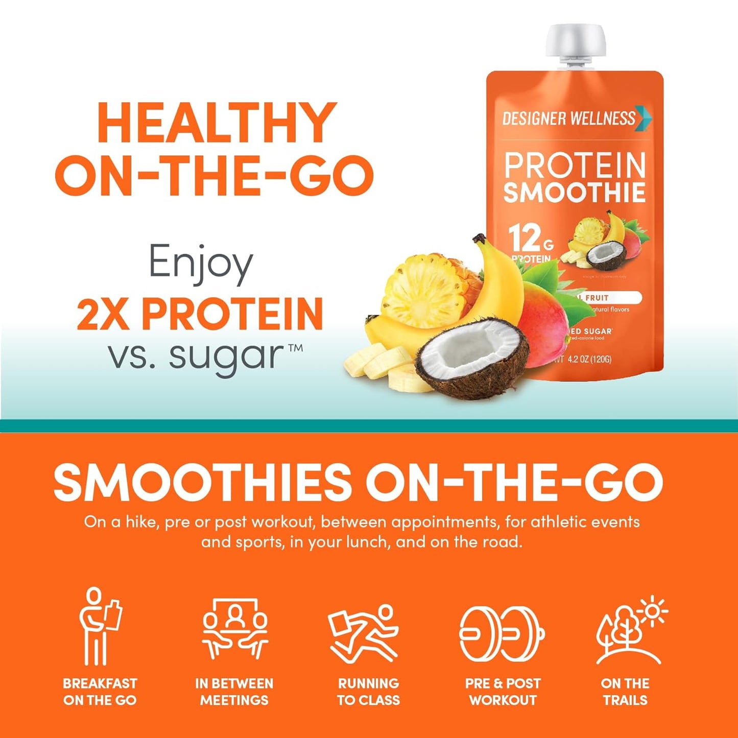Tropical Designer Protein Smoothie, 12g Protein, Low Carb, Gluten-Free, Non-GMO, No Added Sugar, Real Fruit, 12 Pack