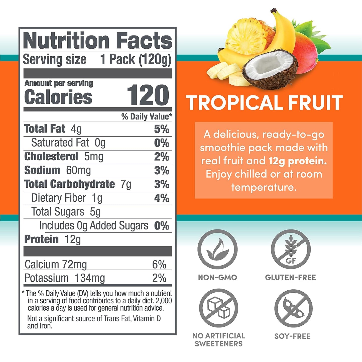 Tropical Designer Protein Smoothie, 12g Protein, Low Carb, Gluten-Free, Non-GMO, No Added Sugar, Real Fruit, 12 Pack