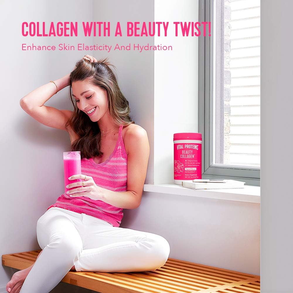 Tropical Hibiscus Collagen Powder with Hyaluronic Acid - Boost Skin Elasticity and Hydration - 15g Collagen Per Serving - Women's Supplement - 9.6oz Canister