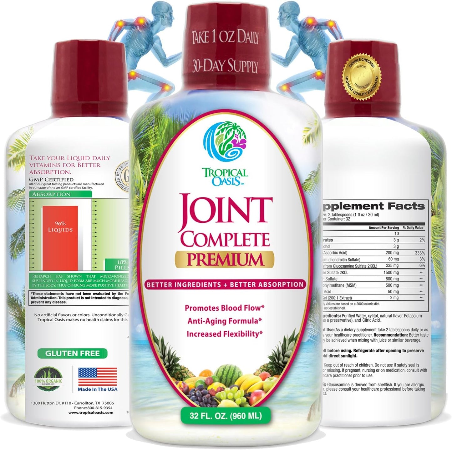 Tropical Oasis Joint Complete Premium Liquid Supplement with Glucosamine, Chondroitin, MSM, & Hyaluronic Acid - 32oz Bottle, 32 Servings