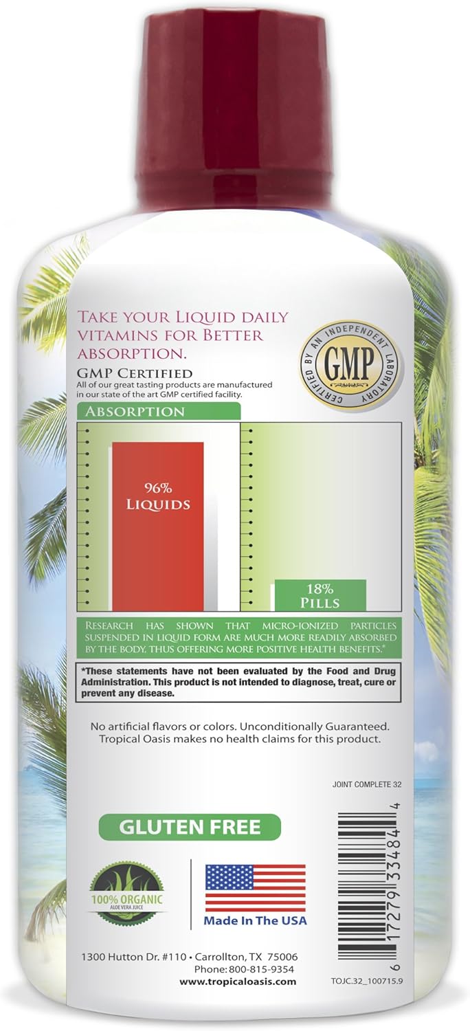 Tropical Oasis Joint Complete Premium Liquid Supplement with Glucosamine, Chondroitin, MSM, & Hyaluronic Acid - 32oz Bottle, 32 Servings