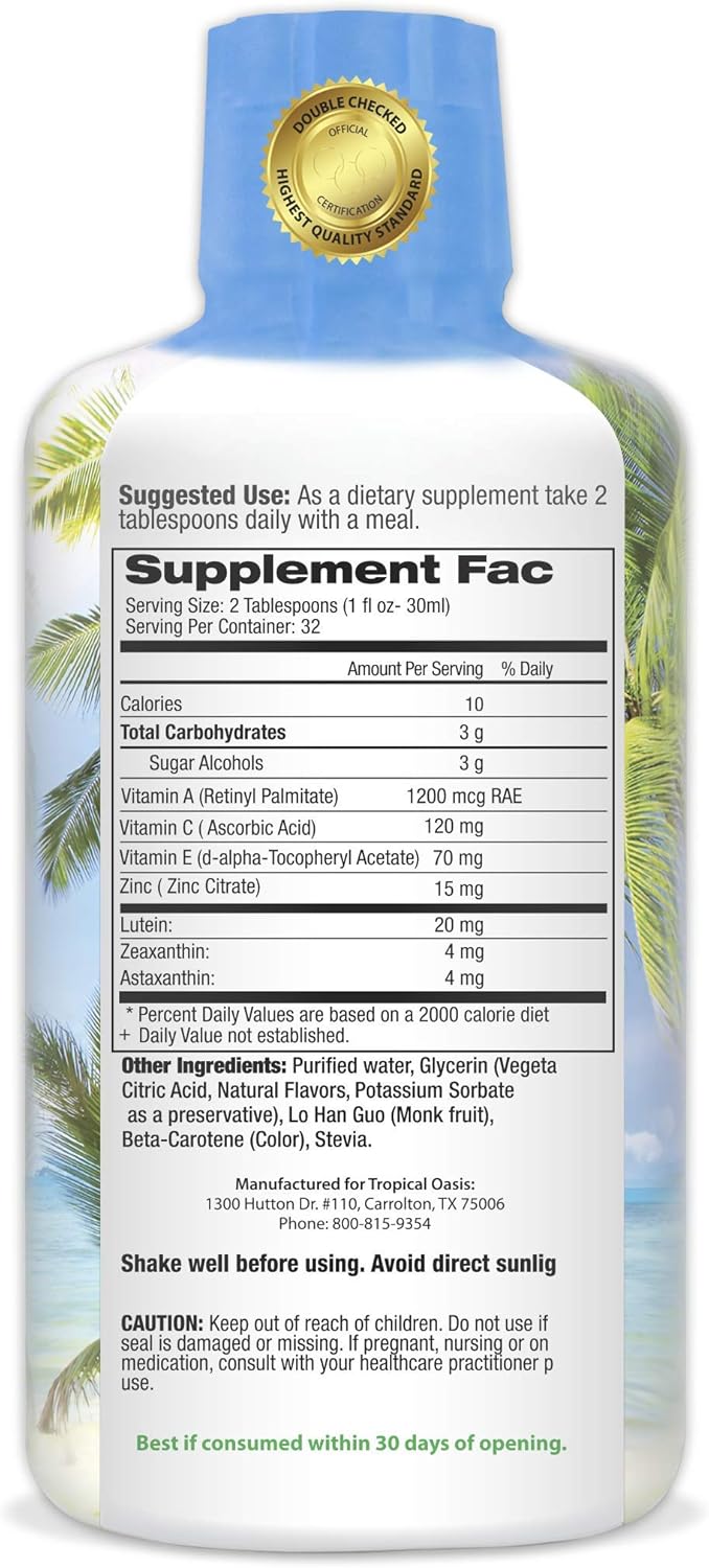 Tropical Oasis Liquid Eye Vitamin Formula with Lutein, Zeaxanthin, and Astaxanthin for Vision Support - 32 Servings, 32oz - Max Absorption and Great Taste