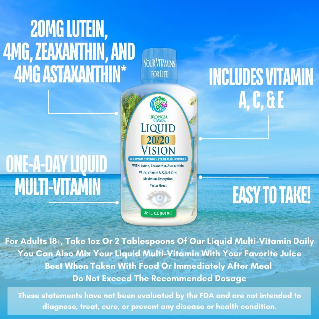 Tropical Oasis Liquid Eye Vitamin Formula with Lutein, Zeaxanthin, and Astaxanthin for Vision Support - 32 Servings, 32oz - Max Absorption and Great Taste