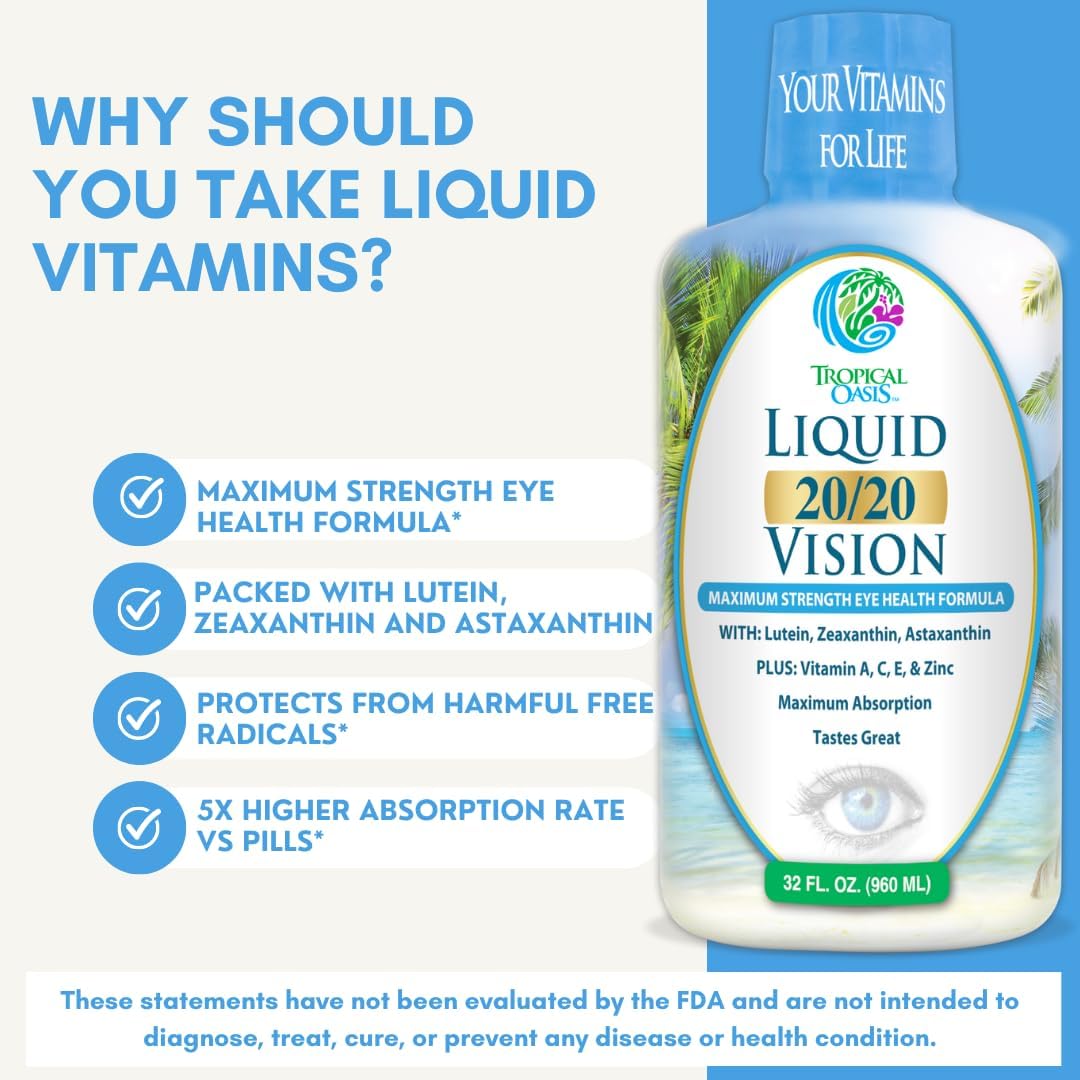 Tropical Oasis Liquid Eye Vitamin Formula with Lutein, Zeaxanthin, and Astaxanthin for Vision Support - 32 Servings, 32oz - Max Absorption and Great Taste