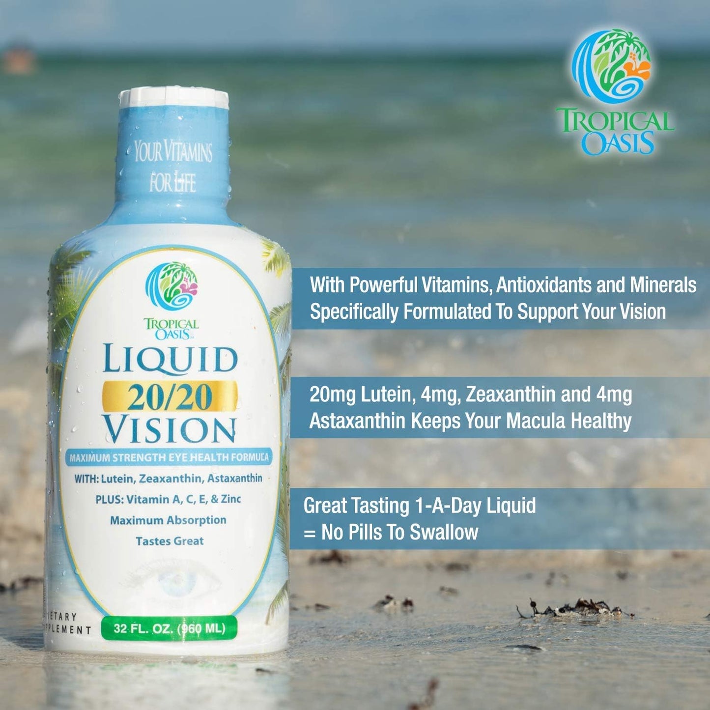 Tropical Oasis Liquid Eye Vitamin Formula with Lutein, Zeaxanthin, and Astaxanthin for Vision Support - 32 Servings, 32oz - Max Absorption and Great Taste