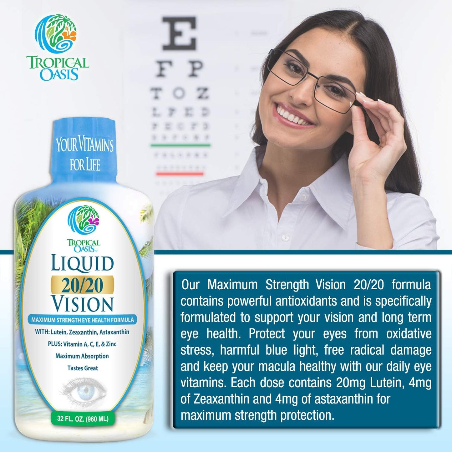 Tropical Oasis Liquid Eye Vitamin Formula with Lutein, Zeaxanthin, and Astaxanthin for Vision Support - 32 Servings, 32oz - Max Absorption and Great Taste