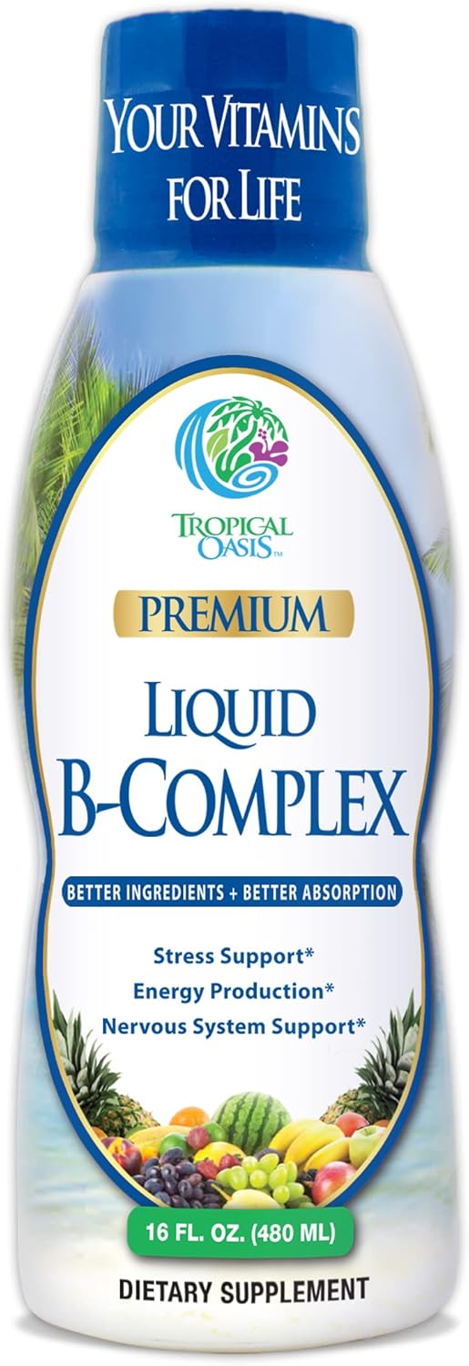 Tropical Oasis Premium Liquid B Complex Vitamin Supplement with 8 B-vitamins and Herbal Blend - Vegan, NON-GMO - 16oz, 32 Servings