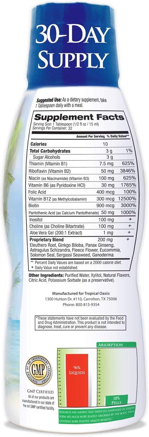 Tropical Oasis Premium Liquid B Complex Vitamin Supplement with 8 B-vitamins and Herbal Blend - Vegan, NON-GMO - 16oz, 32 Servings