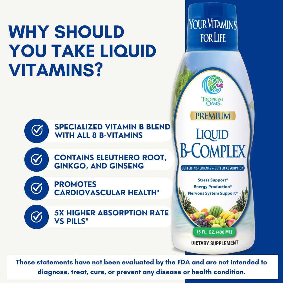 Tropical Oasis Premium Liquid B Complex Vitamin Supplement with 8 B-vitamins and Herbal Blend - Vegan, NON-GMO - 16oz, 32 Servings