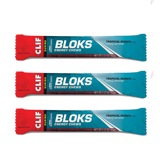 Tropical Punch UUX CLIF BLOKS Energy Chews with 25mg Caffeine - Plant Based Fast Fuel for Cycling and Running - Non-GMO - Workout Snack (2.1oz, 3 Pack)